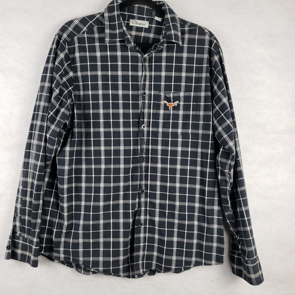 Men's L Texas Longhorns Long Sleeve Button Down Shirt Black Plaid Western Cowboy